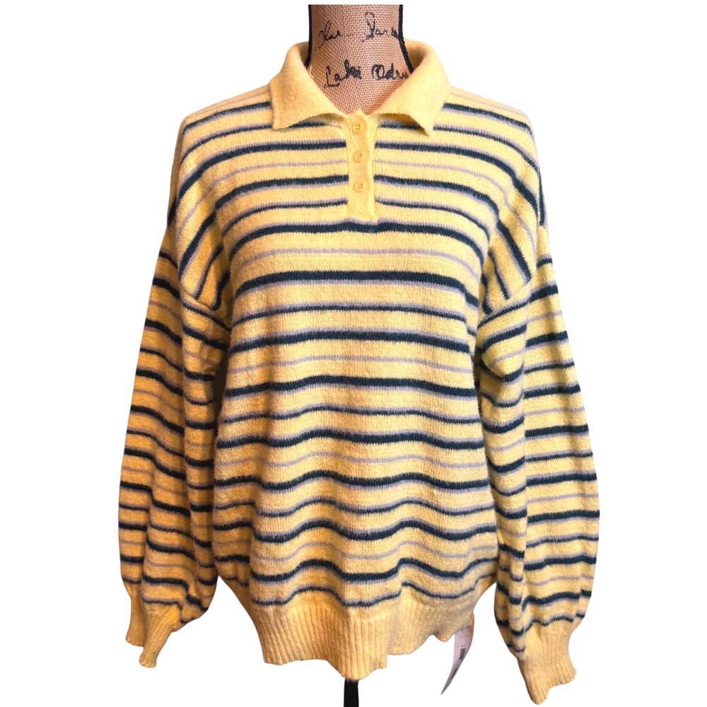NWT Musera Women XL Yellow Striped Knit‎ Polo Sweater Long Sleeve Blokecore